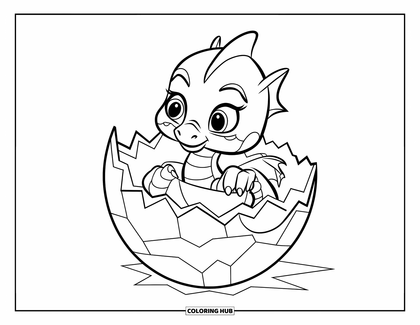 Ice Dragon Coloring Page for Kids: The baby dragon cuddles a frozen egg with wide eyes and tiny wings