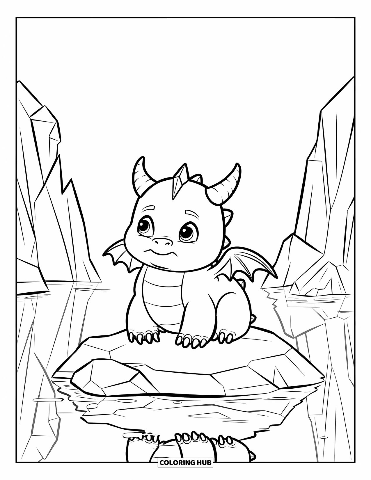 Ice Dragon Coloring Page for Kids: The chubby dragon smiles while sitting by calm water and icebergs