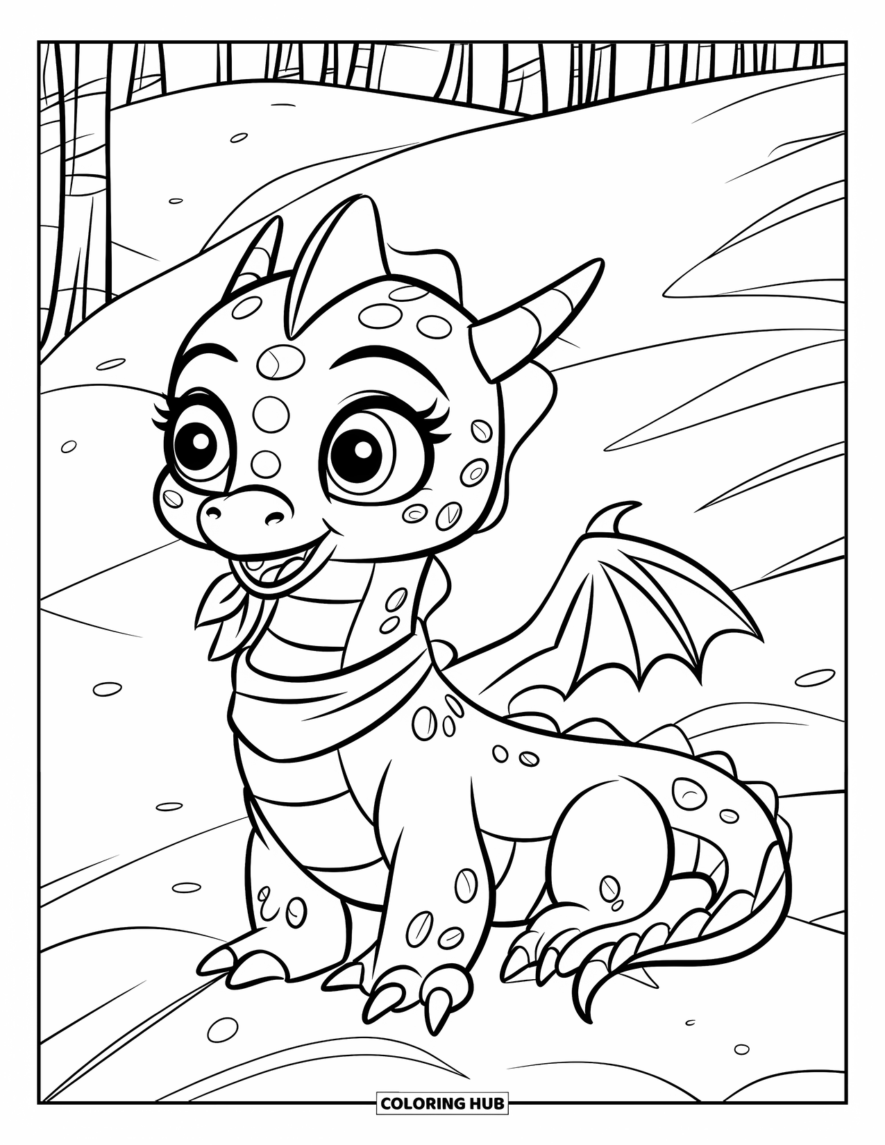 Ice Dragon Coloring Page for Kids: With a warm scarf, the dragon rests on a snowy hill near tall trees