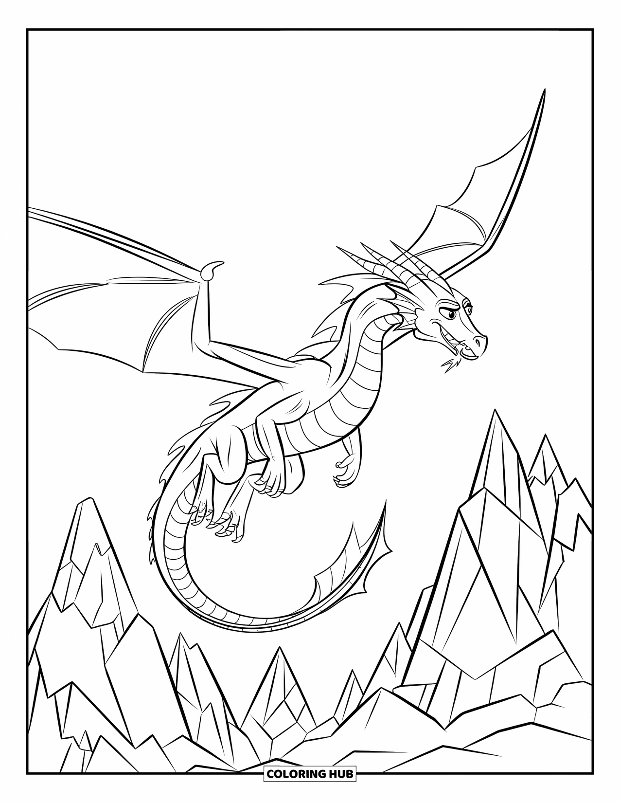 Ice Dragon Coloring Page for Kids: With tail flowing, a dragon flies over tall snowy mountains