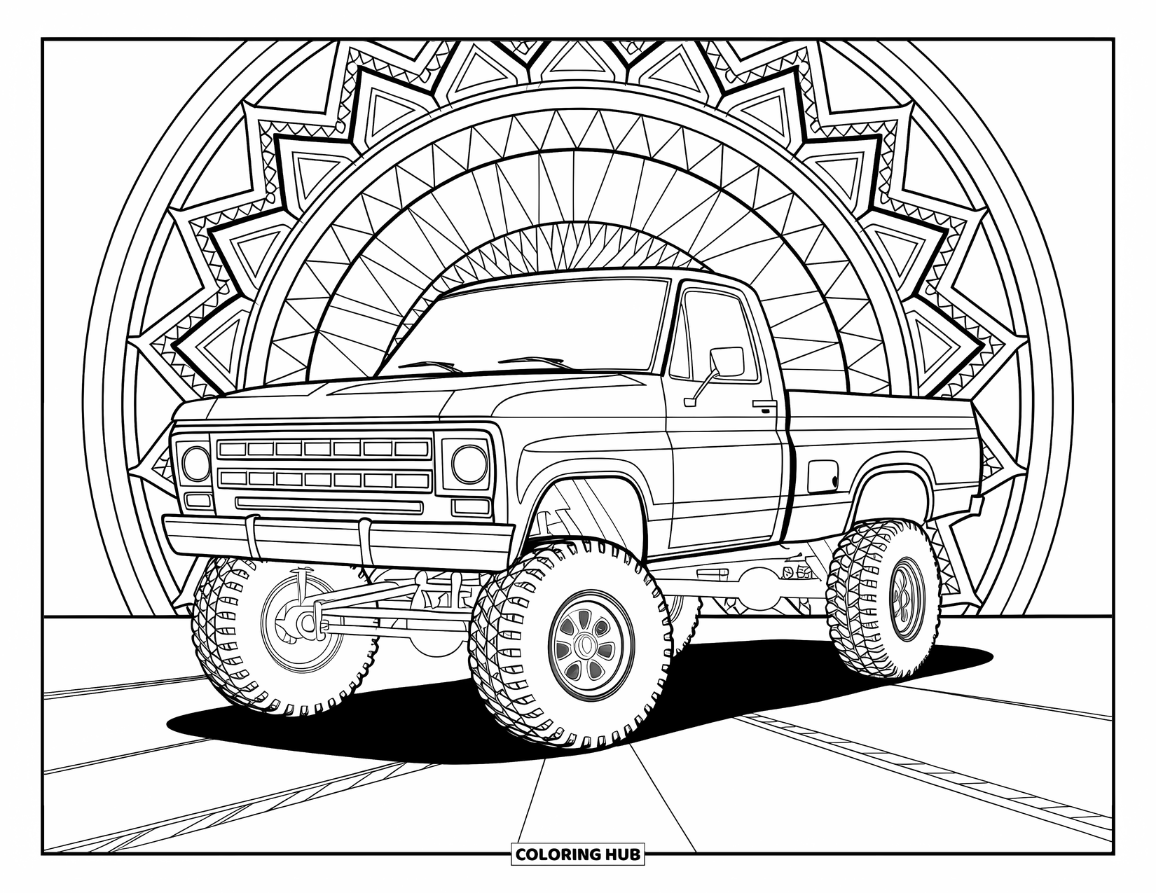 Lifted Truck Coloring Page for Adults: A lifted 4x4 truck with a flatbed surrounded by mandala-like geometric designs