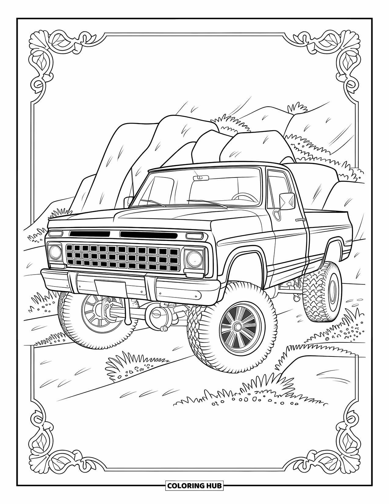 Lifted Truck Coloring Page for Adults: A lifted classic pickup truck with ornate grille framed by decorative patterns