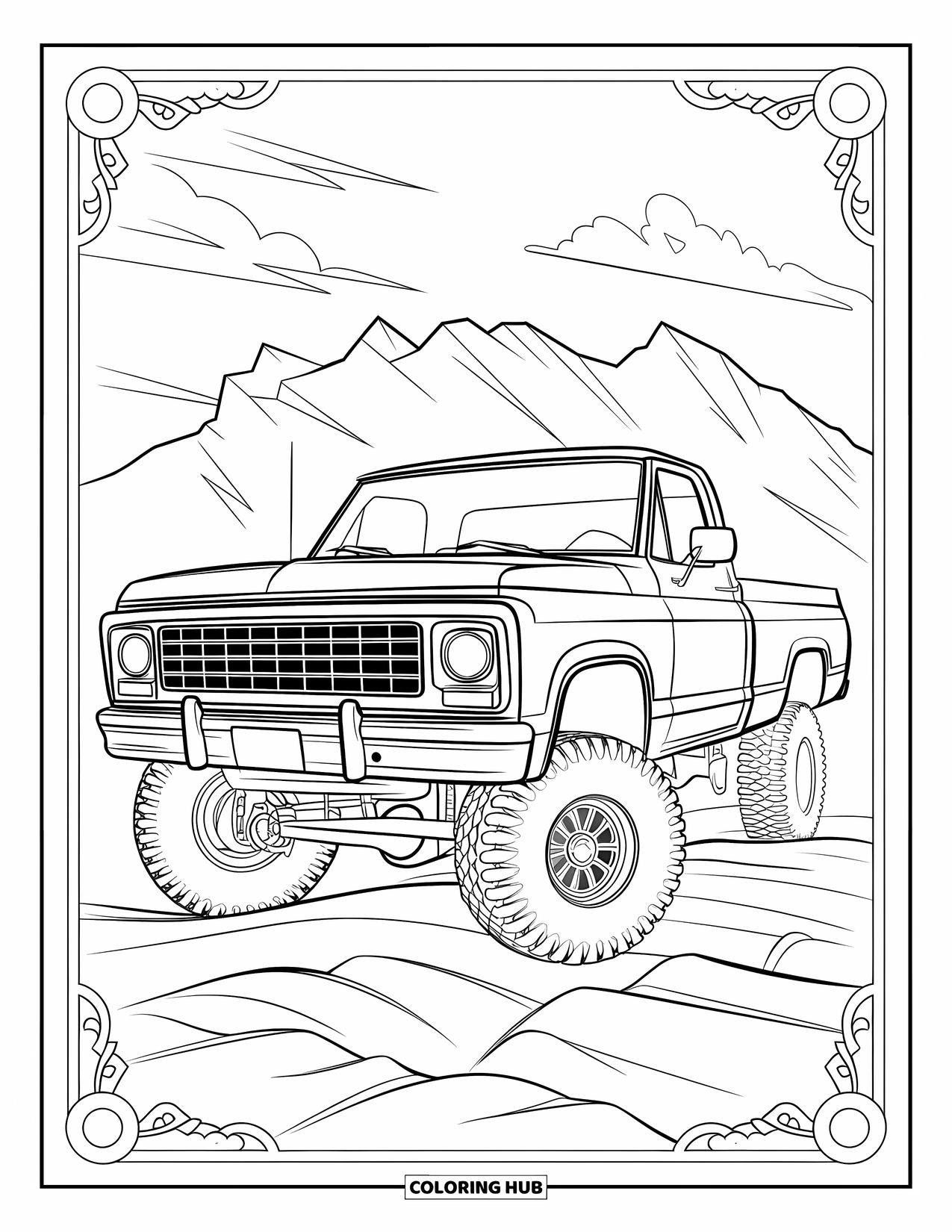 Lifted Truck Coloring Page for Adults: A lifted classic pickup truck with ornate grille sits near mountains and clouds