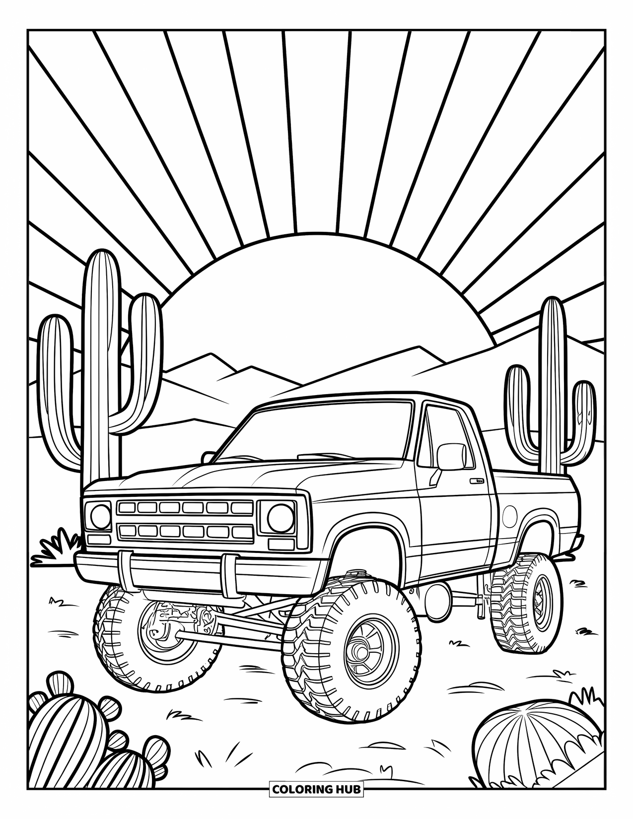 Lifted Truck Coloring Page for Adults: A lifted off-road truck sits in the desert with mandala sun rays behind