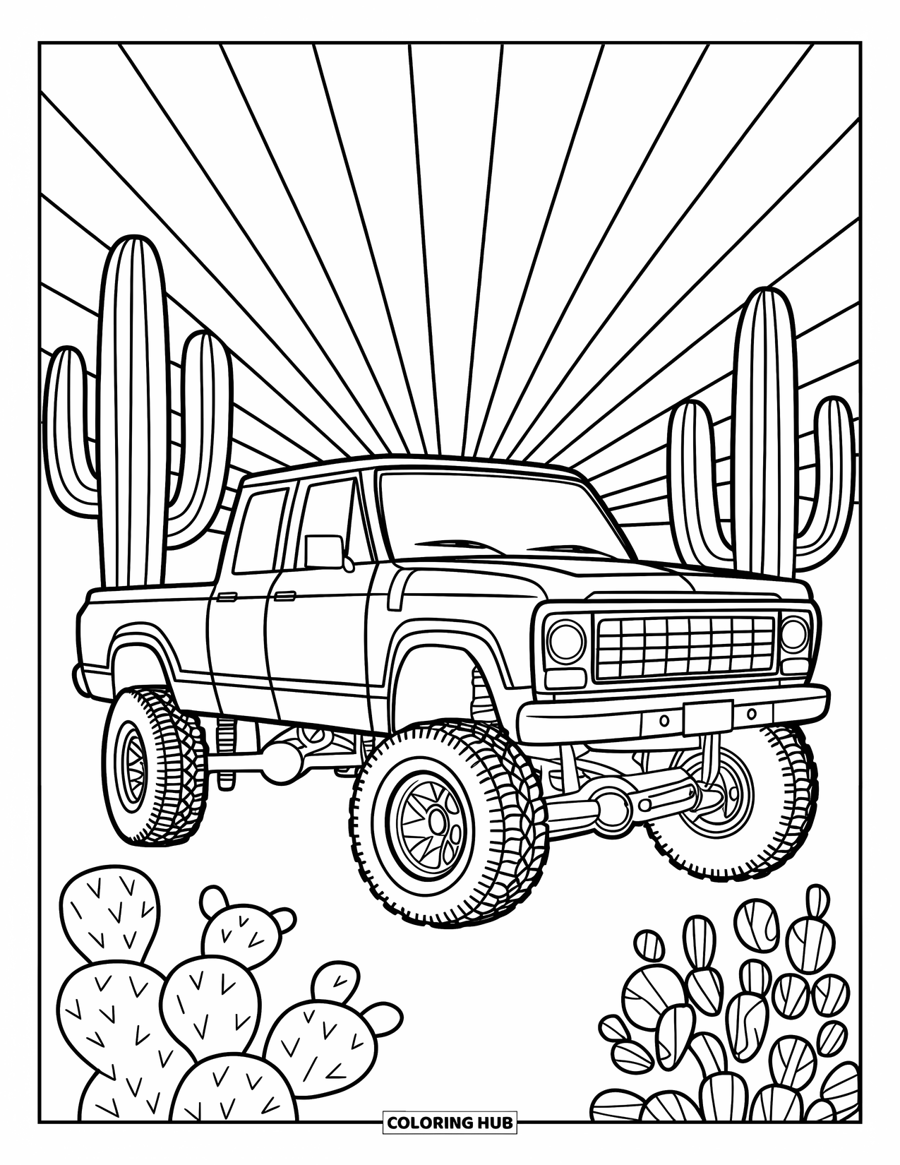 Lifted Truck Coloring Page for Adults: A lifted off-road truck stands in the desert surrounded by tall cacti