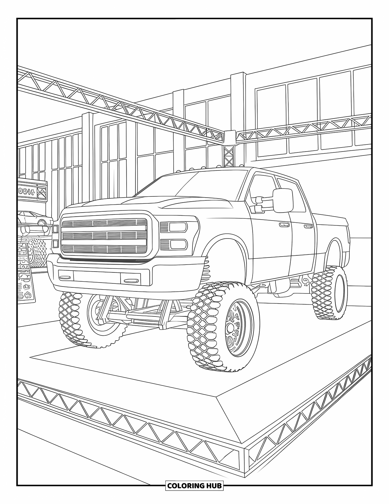Lifted Truck Coloring Page for Adults: A lifted show truck is on stage at an auto exhibition with cars and parts