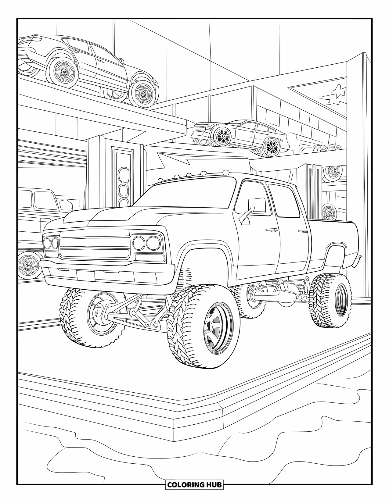 Lifted Truck Coloring Page for Adults: A lifted show truck with shiny wheels is displayed at an auto exhibition