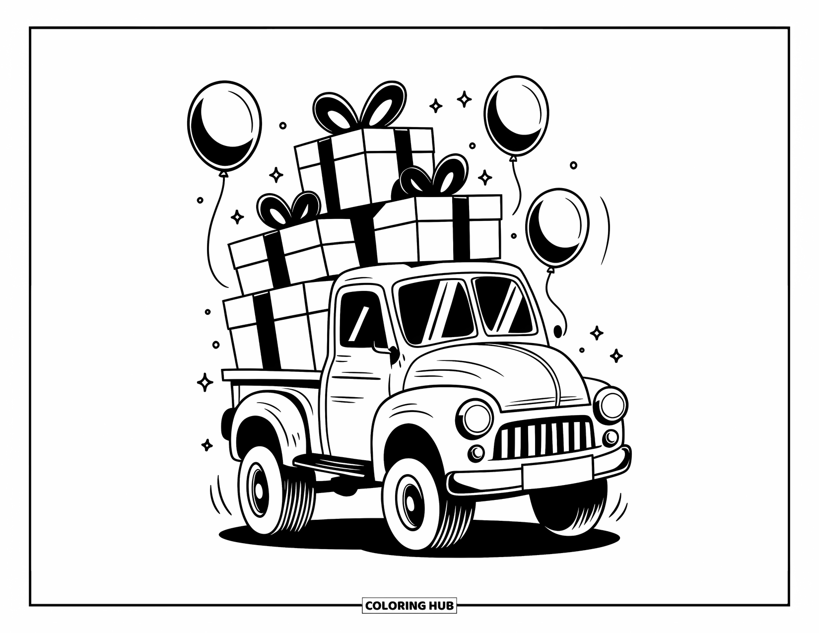 Lifted Truck Coloring Page for Adults: A lifted truck carries gift boxes surrounded by balloons and sparkles