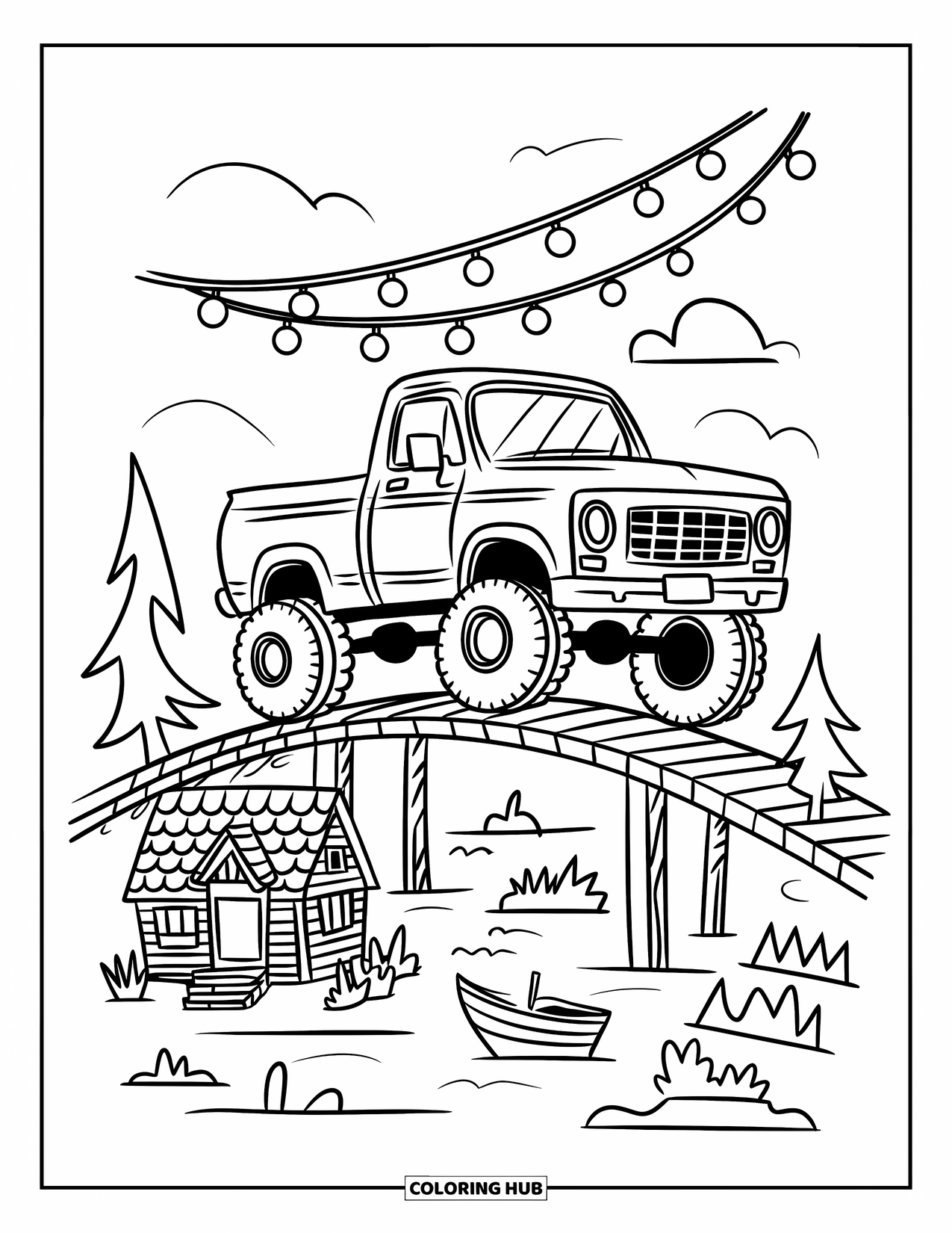 Lifted Truck Coloring Page for Adults: A lifted truck crosses a bridge over water with miniature houses and trees