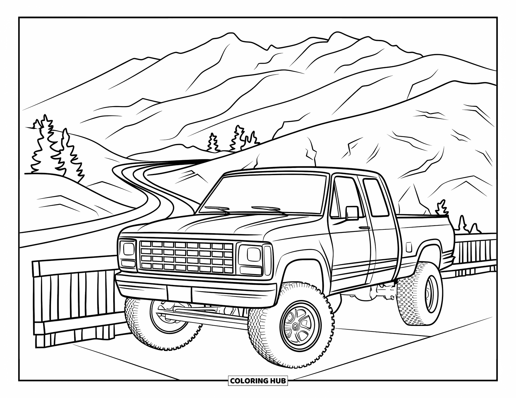 Lifted Truck Coloring Page for Adults: A lifted truck is parked at a scenic overlook with mountain roads in view