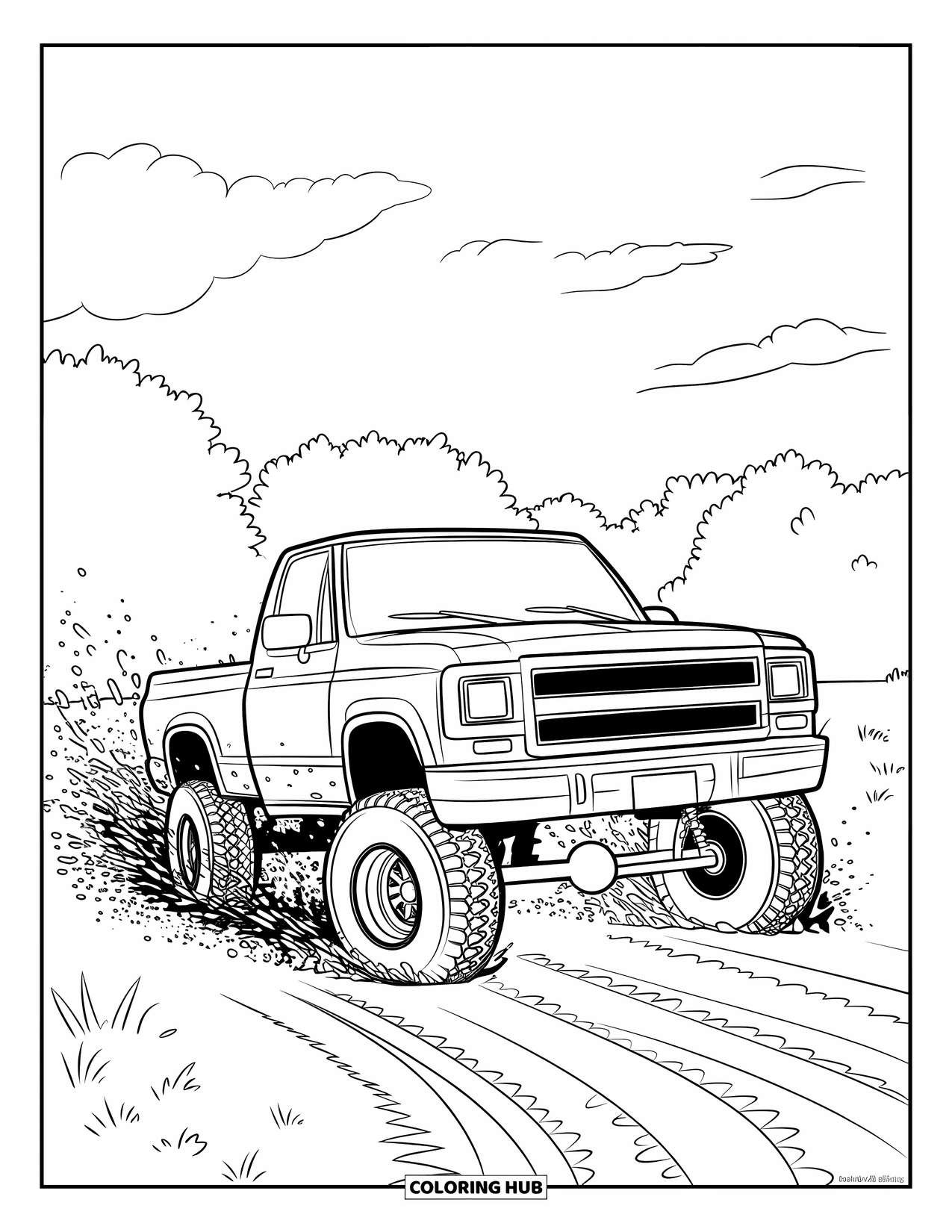 Lifted Truck Coloring Page for Adults: A lifted truck races through a mud bog with trails of splashing mud