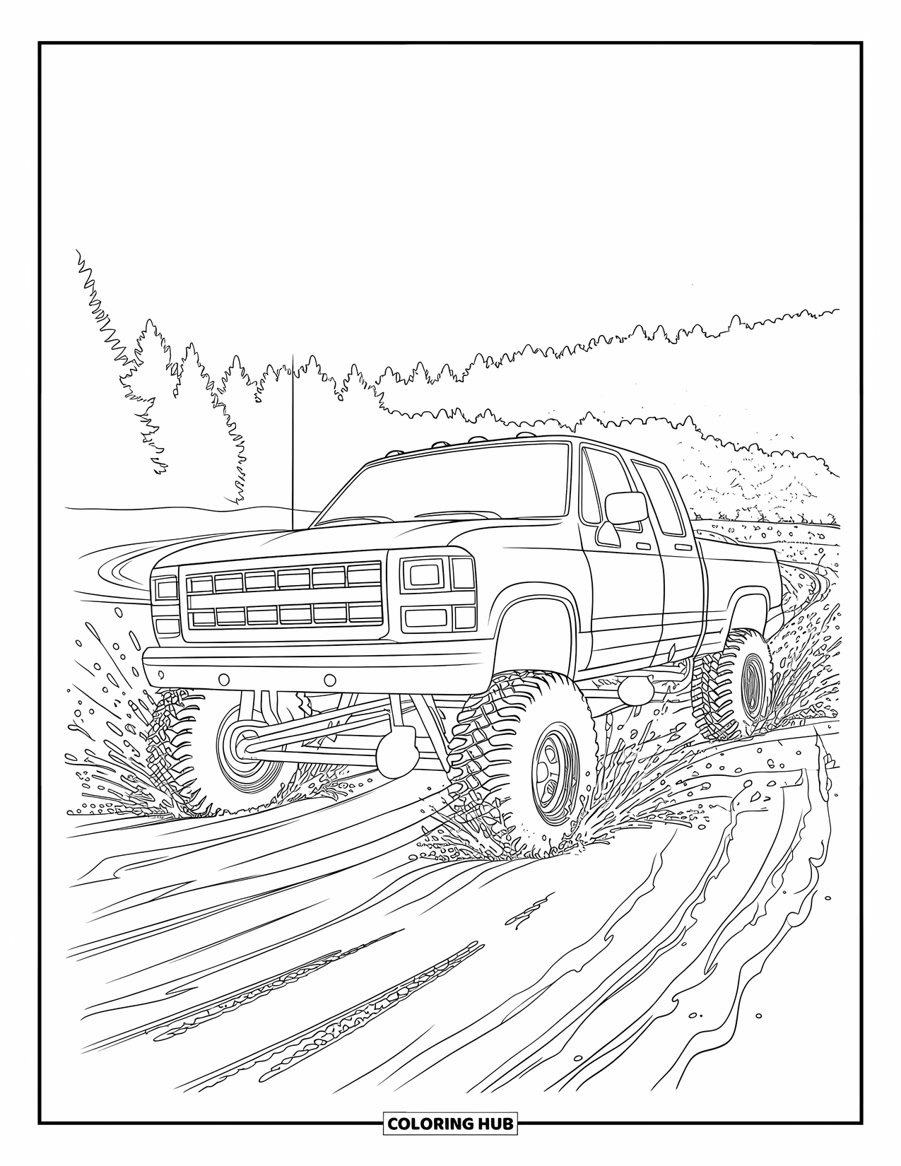 Lifted Truck Coloring Page for Adults: A lifted truck speeds through a muddy field surrounded by trees