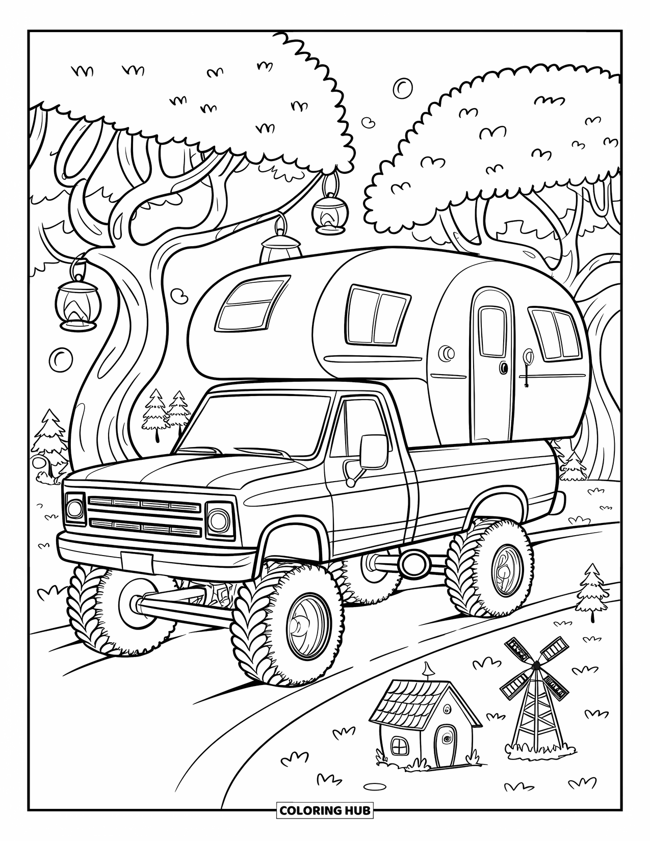 Lifted Truck Coloring Page for Adults: A lifted truck tows a camper under whimsical trees with lanterns and tiny houses