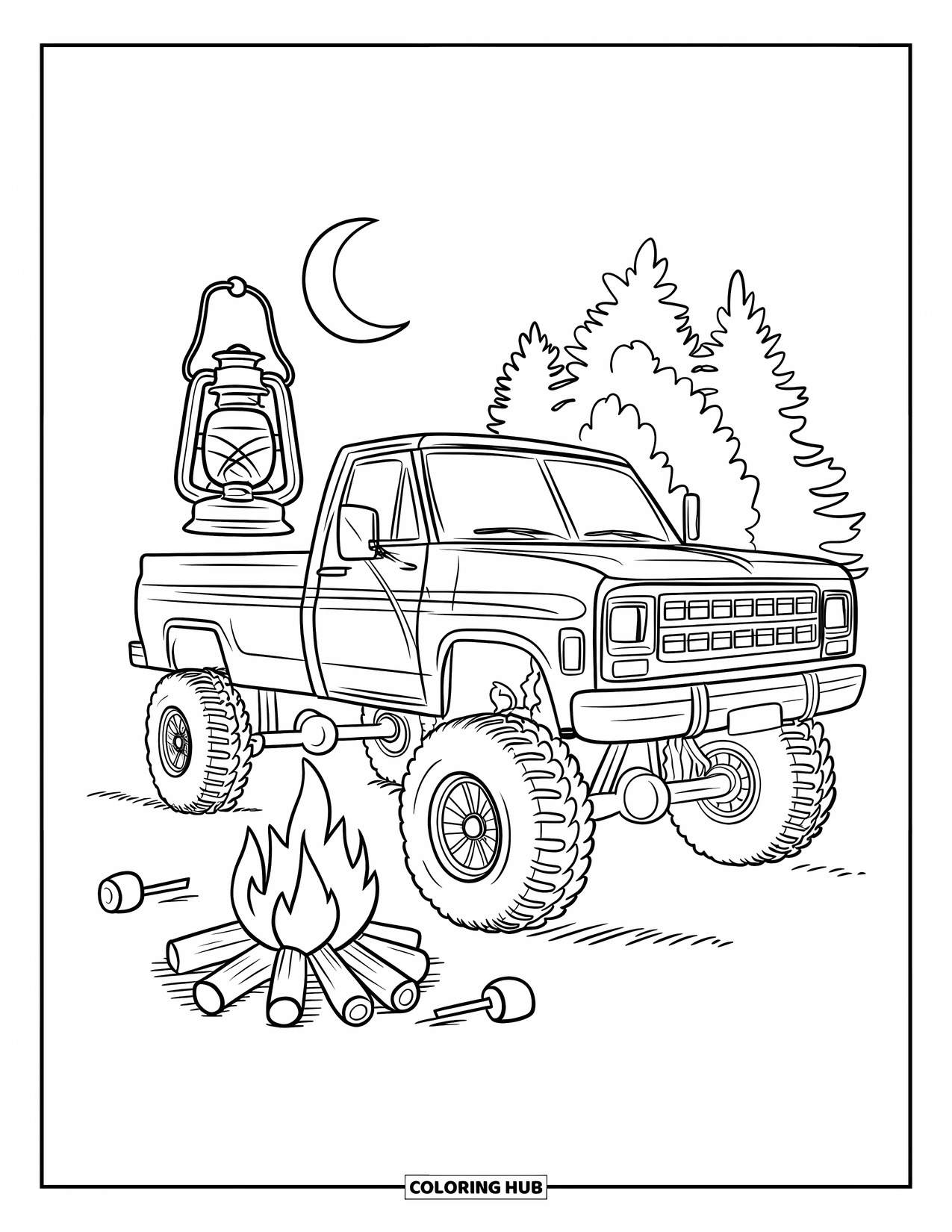 Lifted Truck Coloring Page for Adults: A lifted truck with a lantern is parked by a campfire beneath a crescent moon