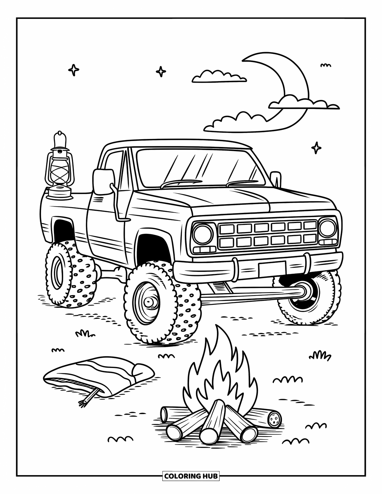Lifted Truck Coloring Page for Adults: A lifted truck with a lantern sits near a campfire and a crescent moon