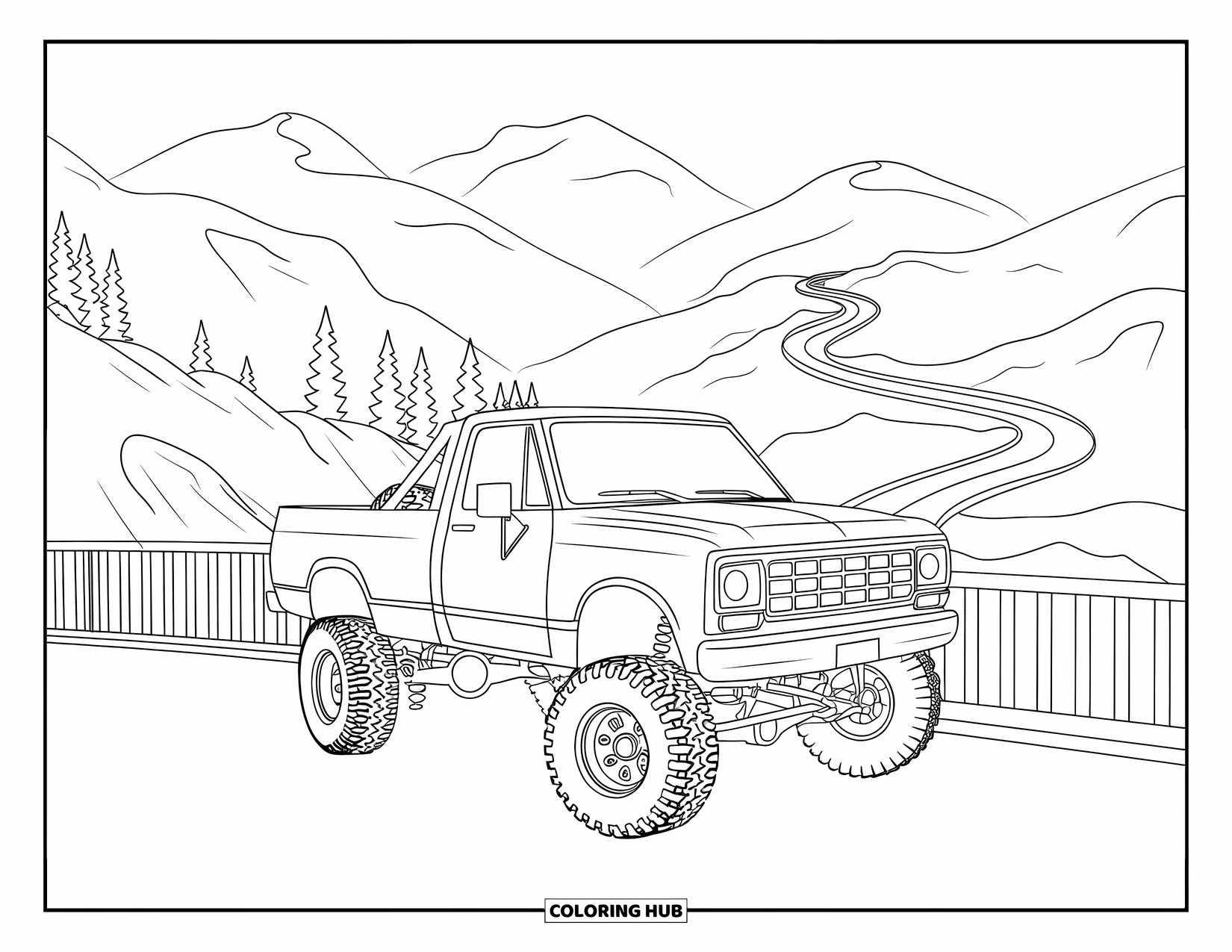 Lifted Truck Coloring Page for Adults: A lifted truck with a roll cage is parked at a mountain overlook with roads