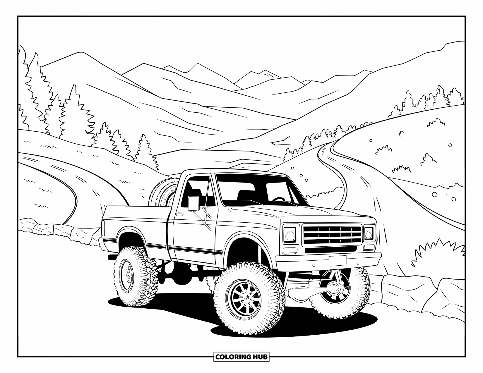 Lifted Truck Coloring Page for Adults: A lifted truck with a roll cage overlooks mountains, trees, and winding roads