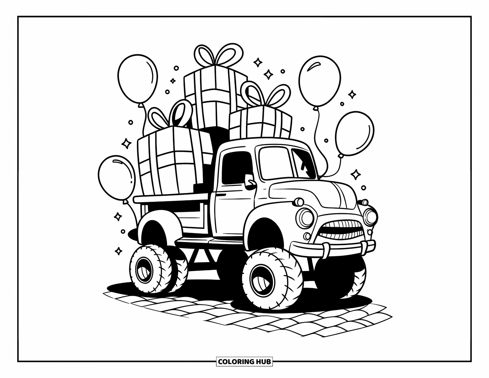 Lifted Truck Coloring Page for Adults: A lifted truck with big wheels carries gift boxes and is surrounded by balloons