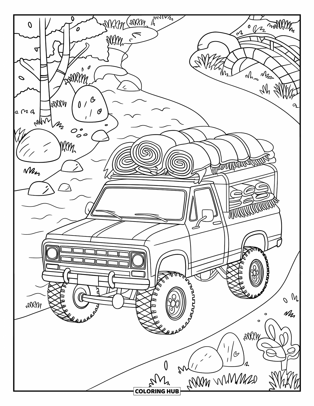 Lifted Truck Coloring Page for Adults: A lifted truck with blankets and pillows is parked near a river with miniature details
