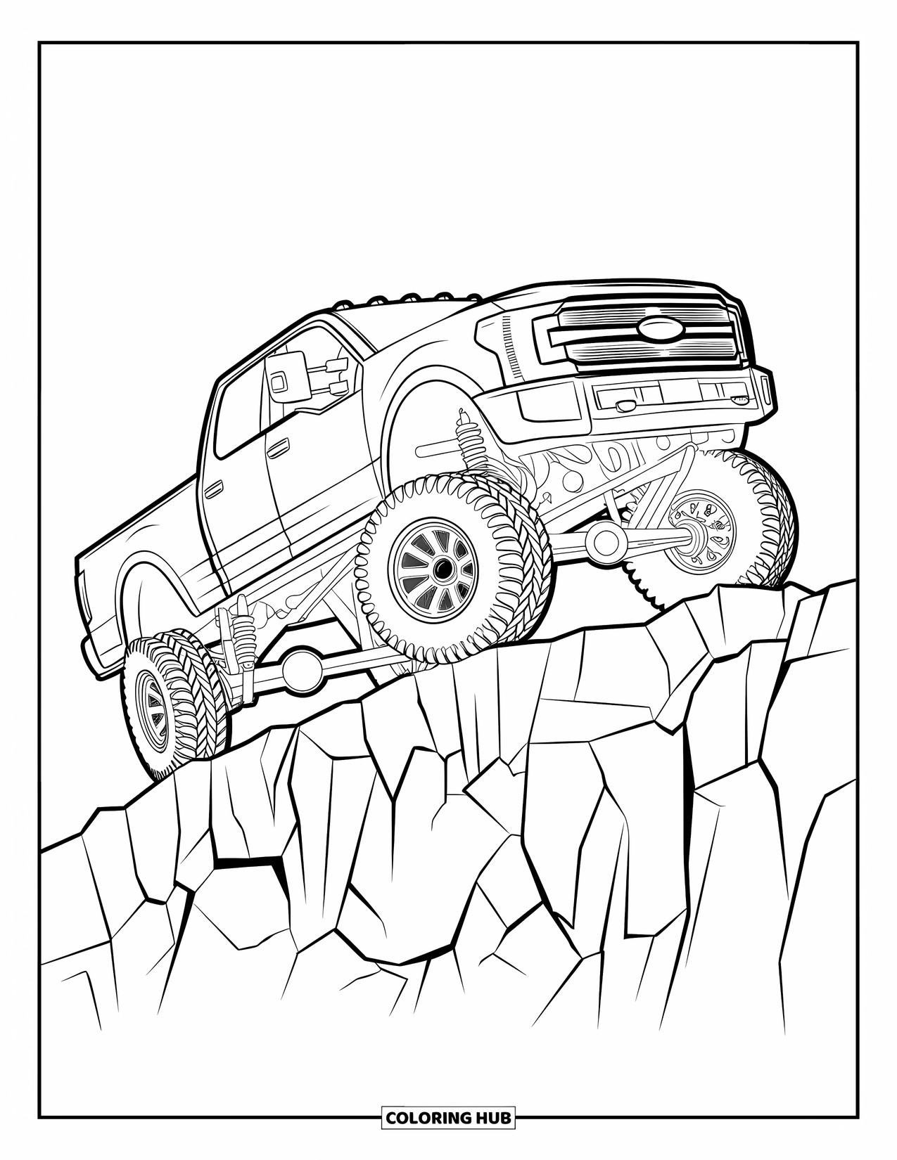 Lifted Truck Coloring Page for Adults: A lifted truck with exposed suspension rests on a rocky ledge background