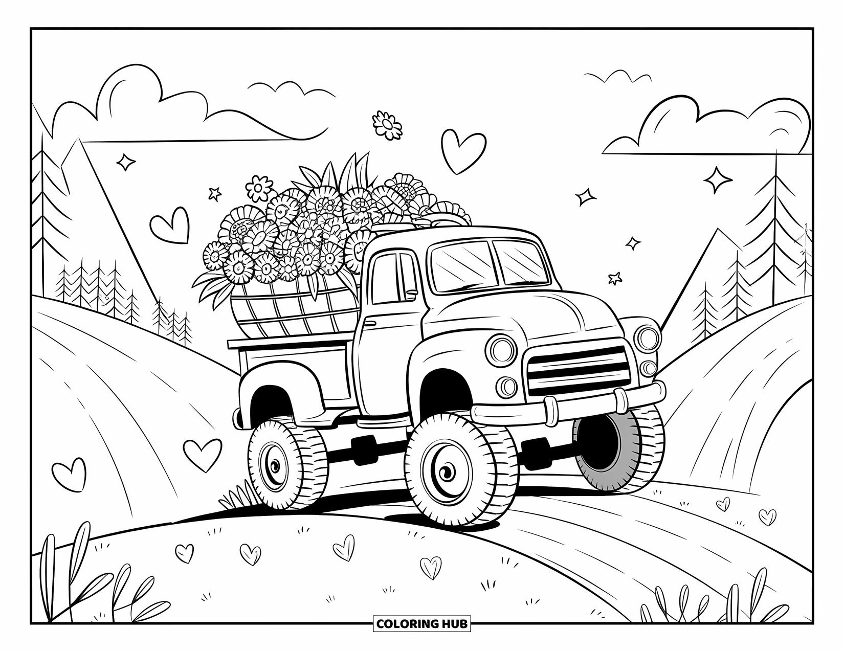 Lifted Truck Coloring Page for Adults: A lifted truck with flowers drives a hillside path with hearts and stars