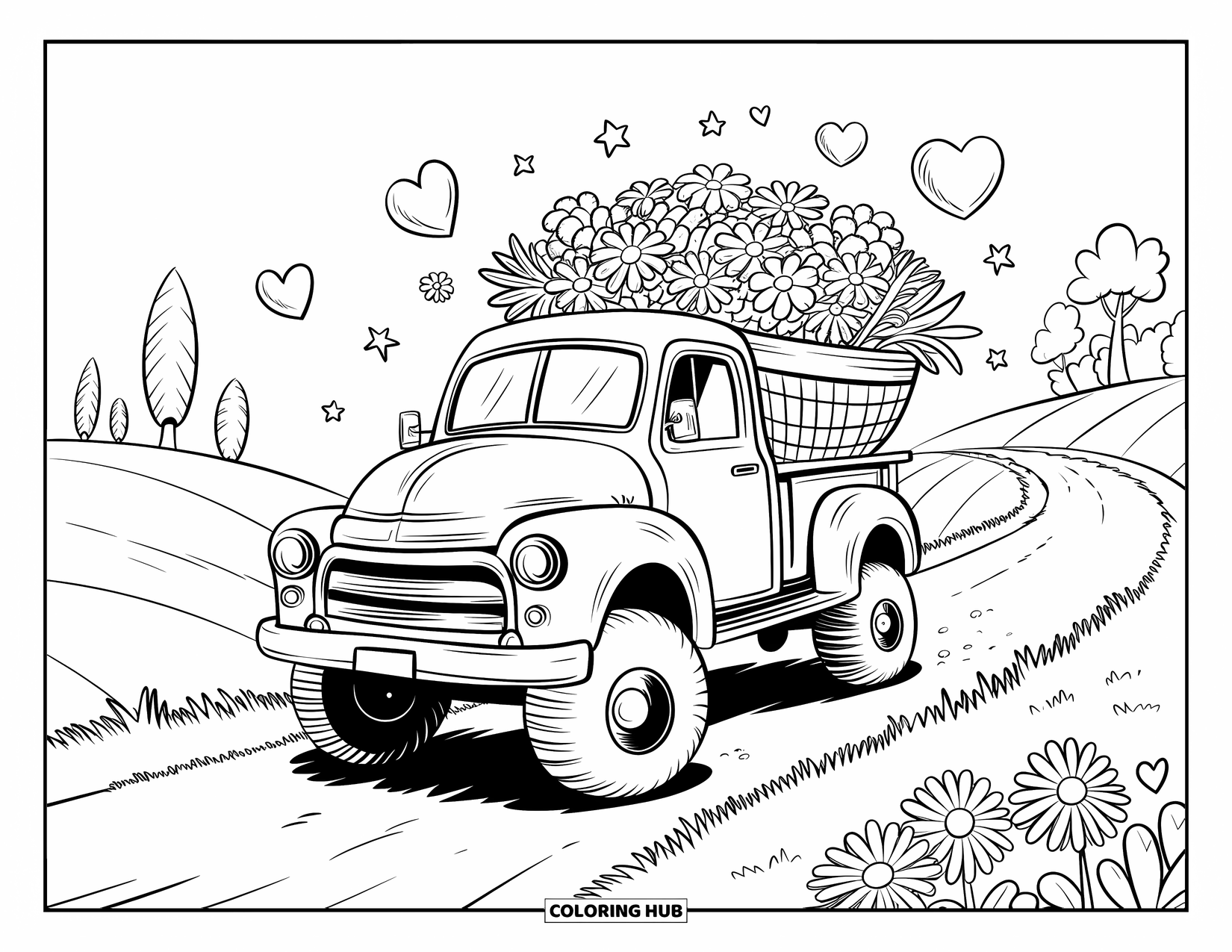 Lifted Truck Coloring Page for Adults: A lifted truck with flowers travels a hillside trail surrounded by hearts and stars
