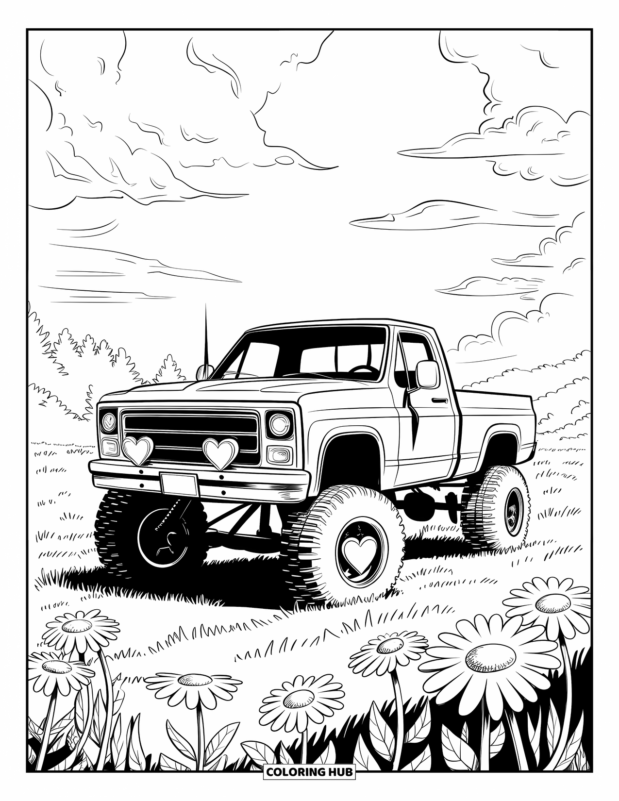 Lifted Truck Coloring Page for Adults: A lifted truck with heart hubcaps is parked in a meadow of daisies