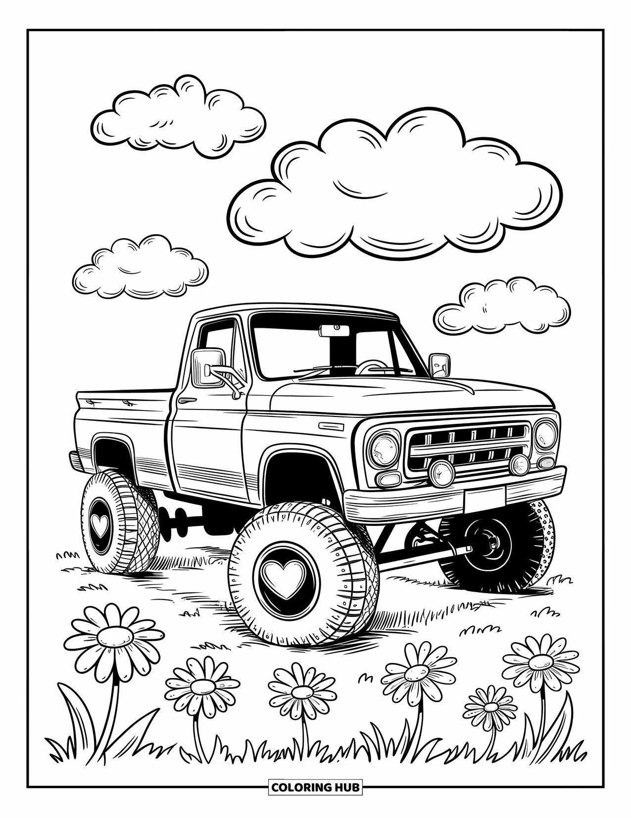 Lifted Truck Coloring Page for Adults: A lifted truck with heart hubcaps rests in a meadow filled with giant daisies