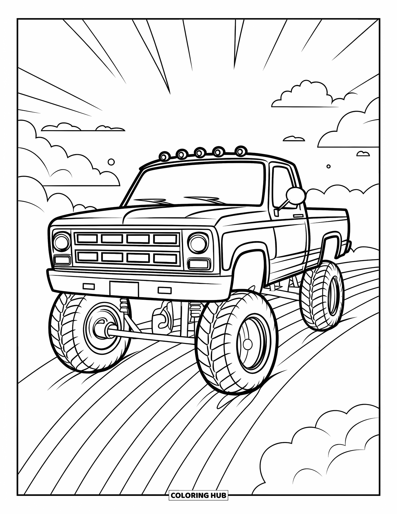 Lifted Truck Coloring Page for Kids: A cartoon lifted truck with a small bumper drives across a rainbow in the sky