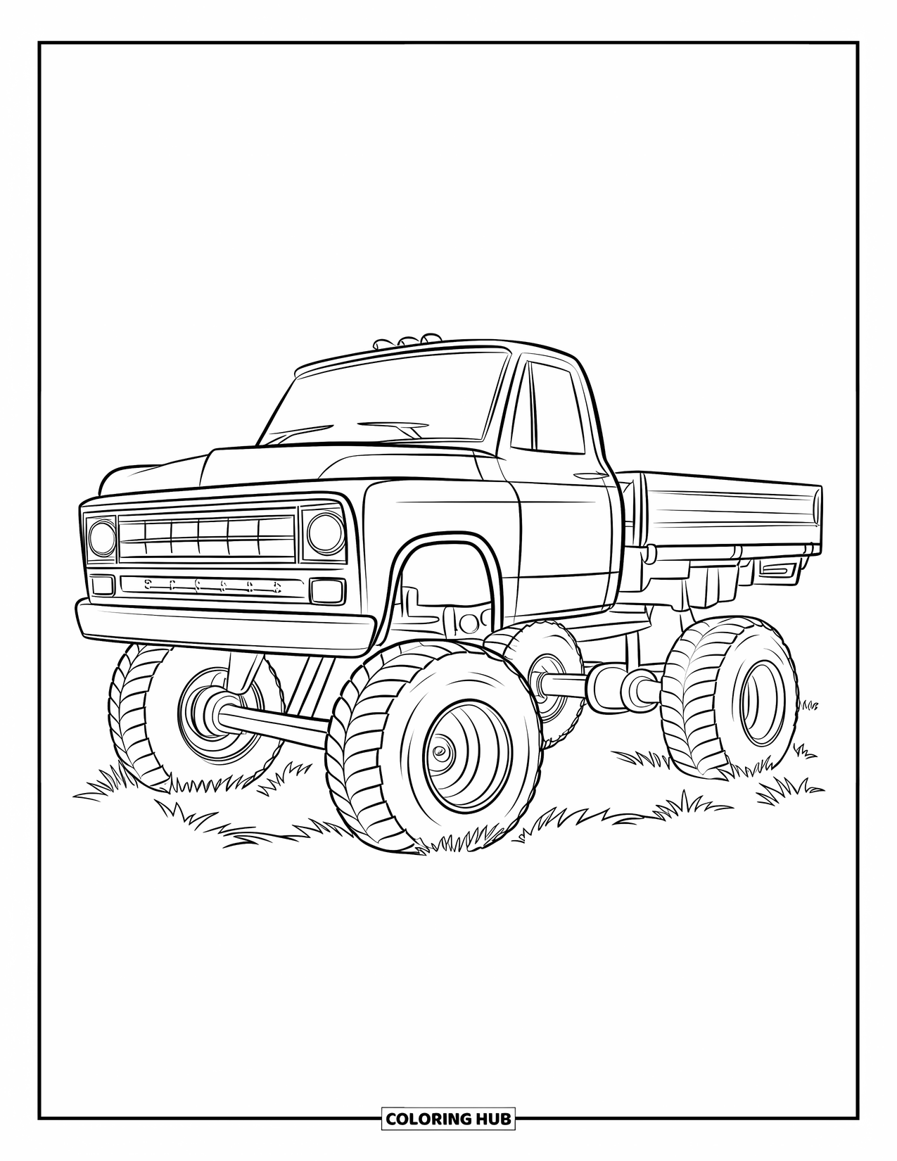 Lifted Truck Coloring Page for Kids: A friendly lifted truck with round wheels and an empty flatbed is parked on grass
