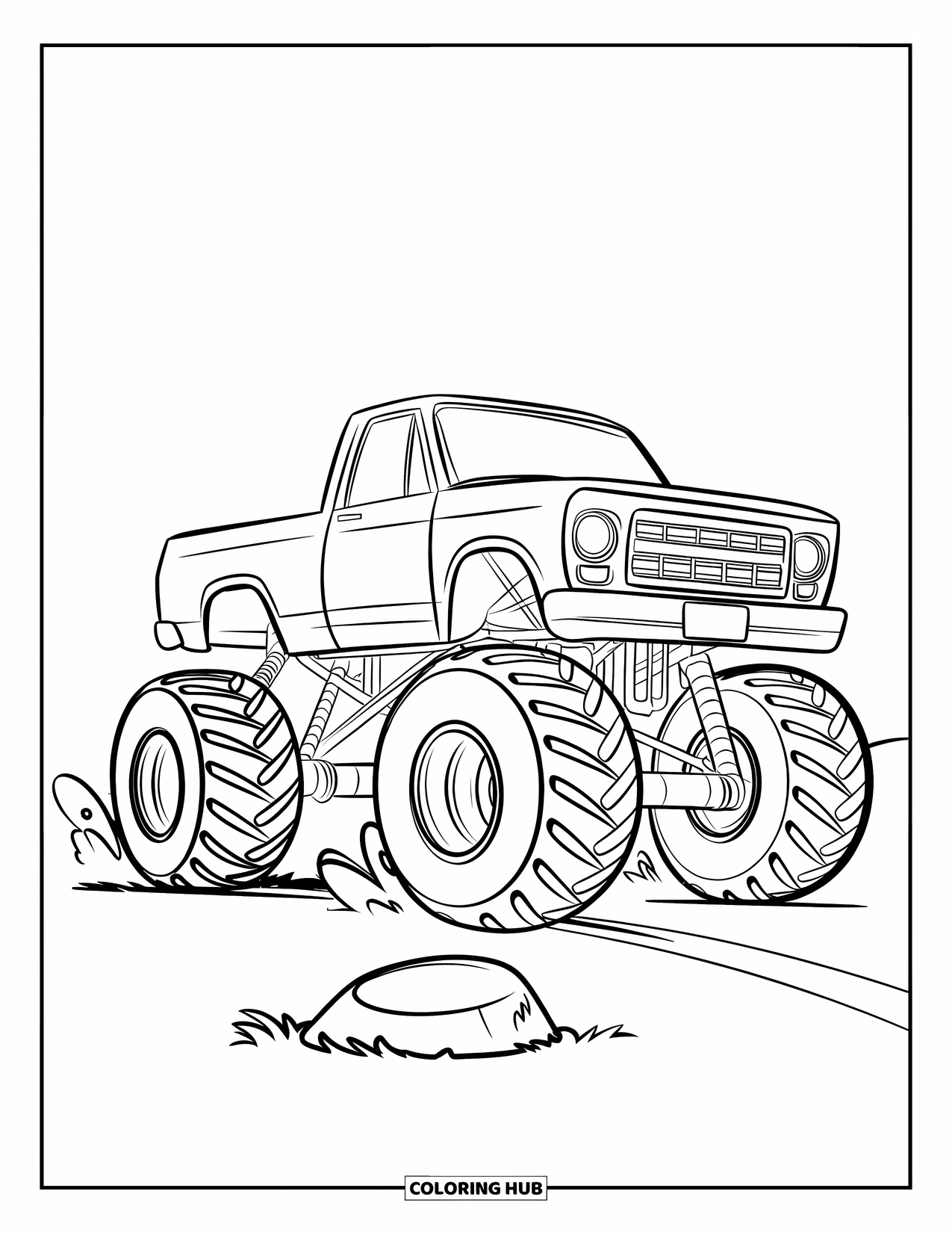 Lifted Truck Coloring Page for Kids: A lifted monster truck with big tires crosses a small bump in a grassy field