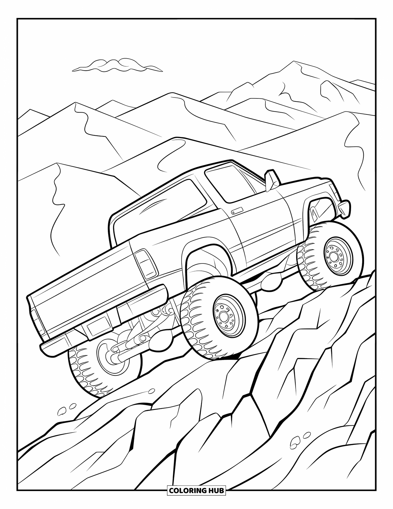 Lifted Truck Coloring Page for Kids: A lifted off-road truck ascends a rocky incline with strength and detail