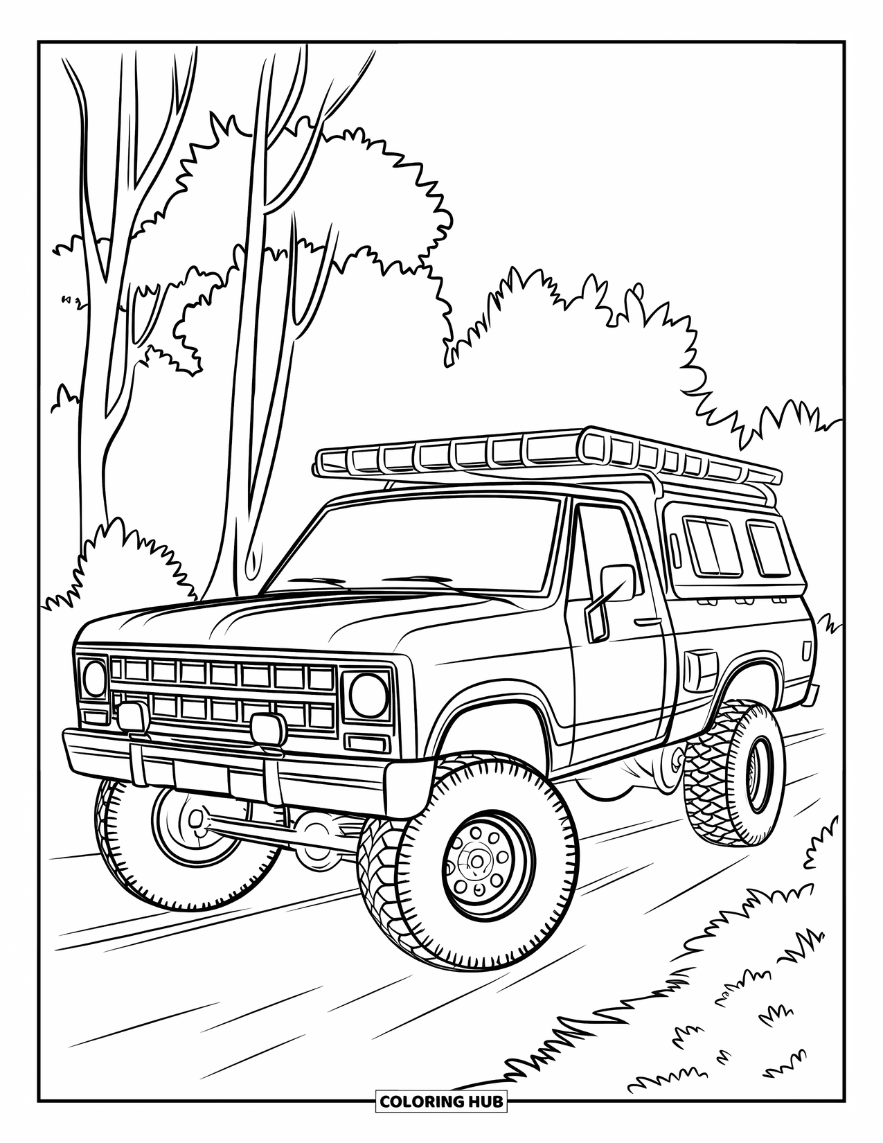 Lifted Truck Coloring Page for Kids: A lifted off-road truck with a roof rack is parked on a dirt road with trees