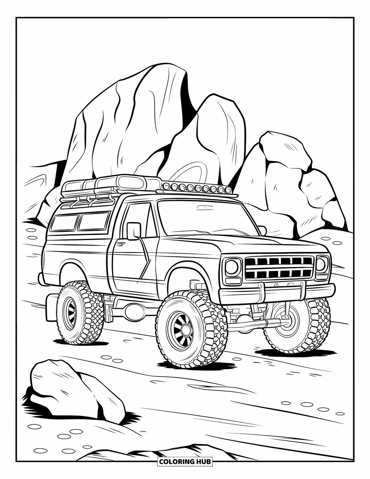Lifted Truck Coloring Page for Kids: A lifted off-road truck with a roof rack is parked on rocky terrain