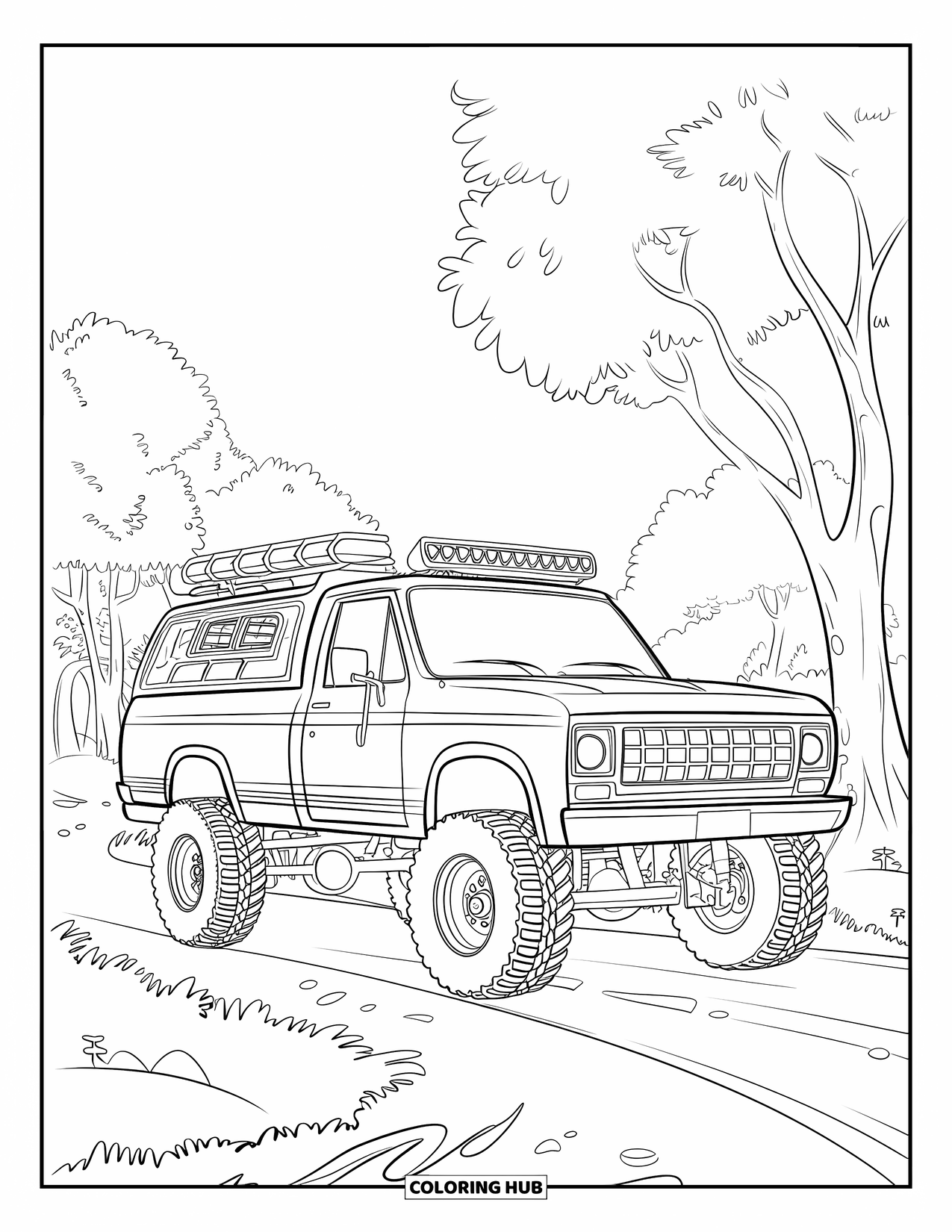 Lifted Truck Coloring Page for Kids: A lifted off-road truck with a roof rack sits on a dirt road in a forest