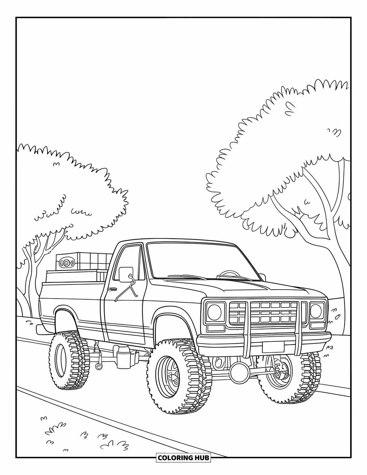 Lifted Truck Coloring Page for Kids: A lifted pickup truck with a toolbox in the back is parked on a road