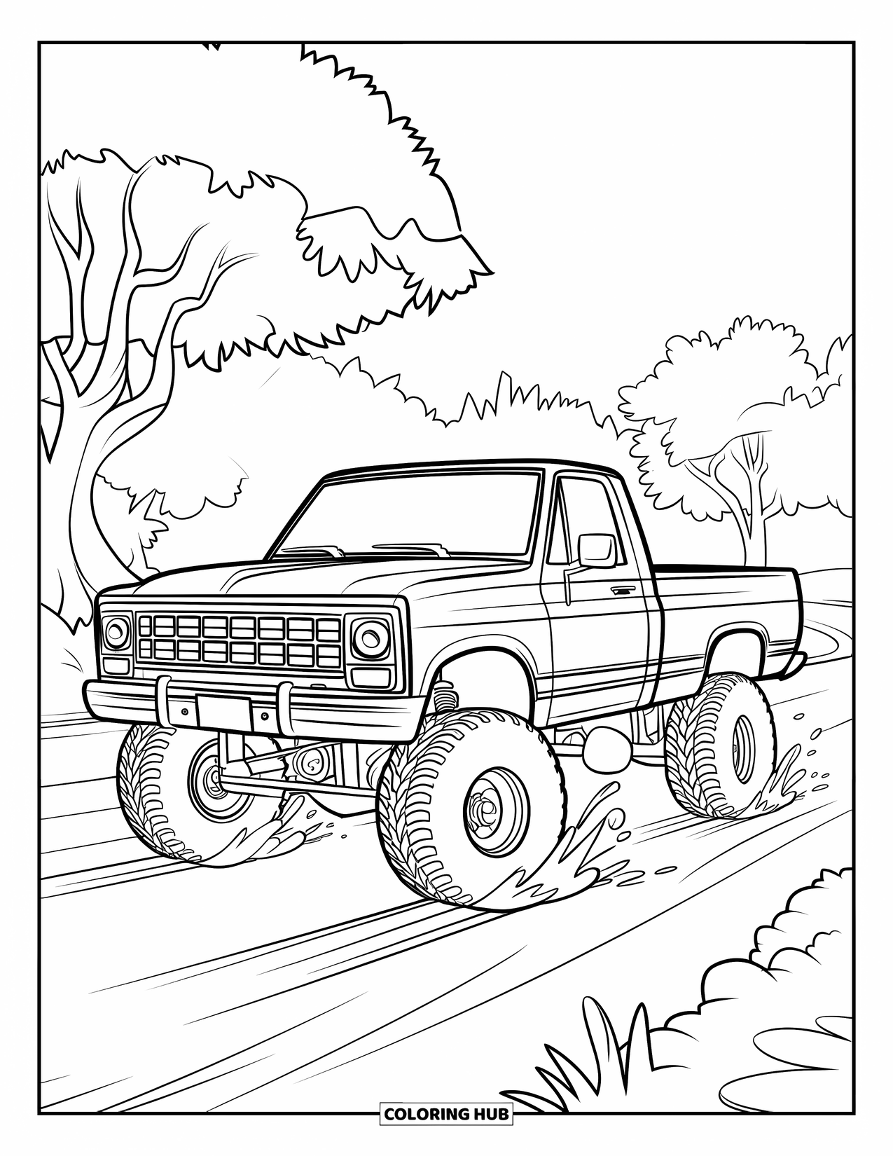 Lifted Truck Coloring Page for Kids: A lifted pickup truck with large tires and mud splashes stands on a dirt path