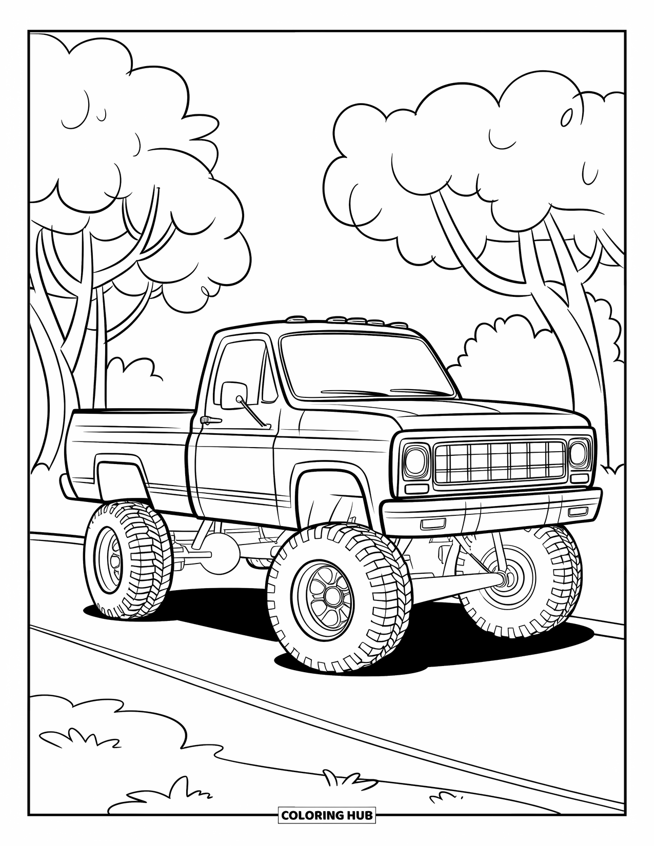 Lifted Truck Coloring Page for Kids: A lifted pickup truck with rounded shapes and big wheels is parked among trees