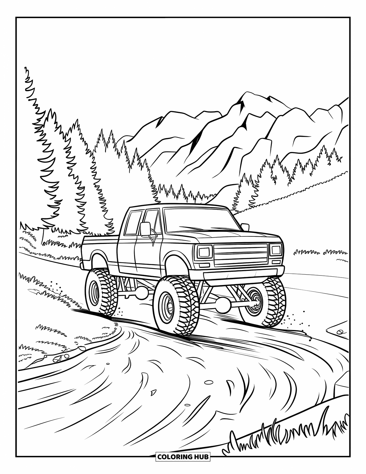Lifted Truck Coloring Page for Kids: A lifted truck drives across a stream with trees and mountains behind