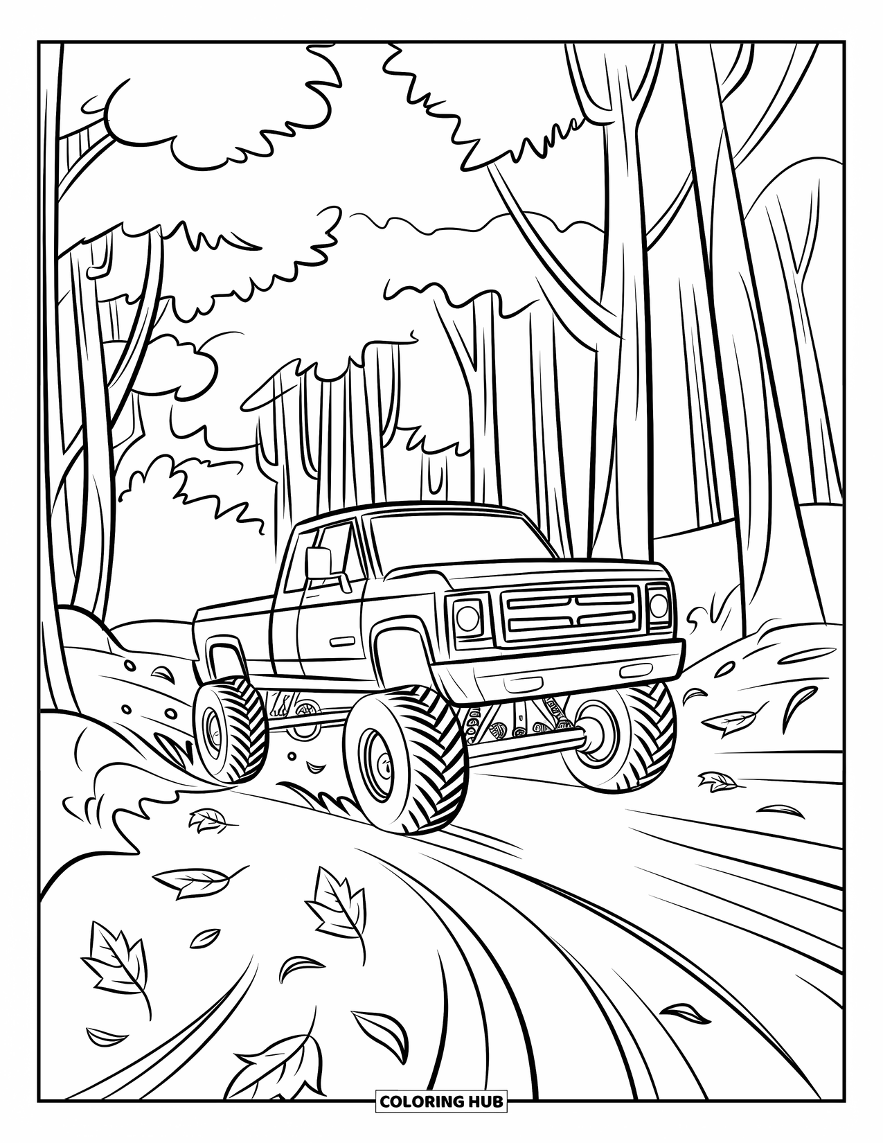 Lifted Truck Coloring Page for Kids: A lifted truck drives fast through a forest trail covered in scattered leaves