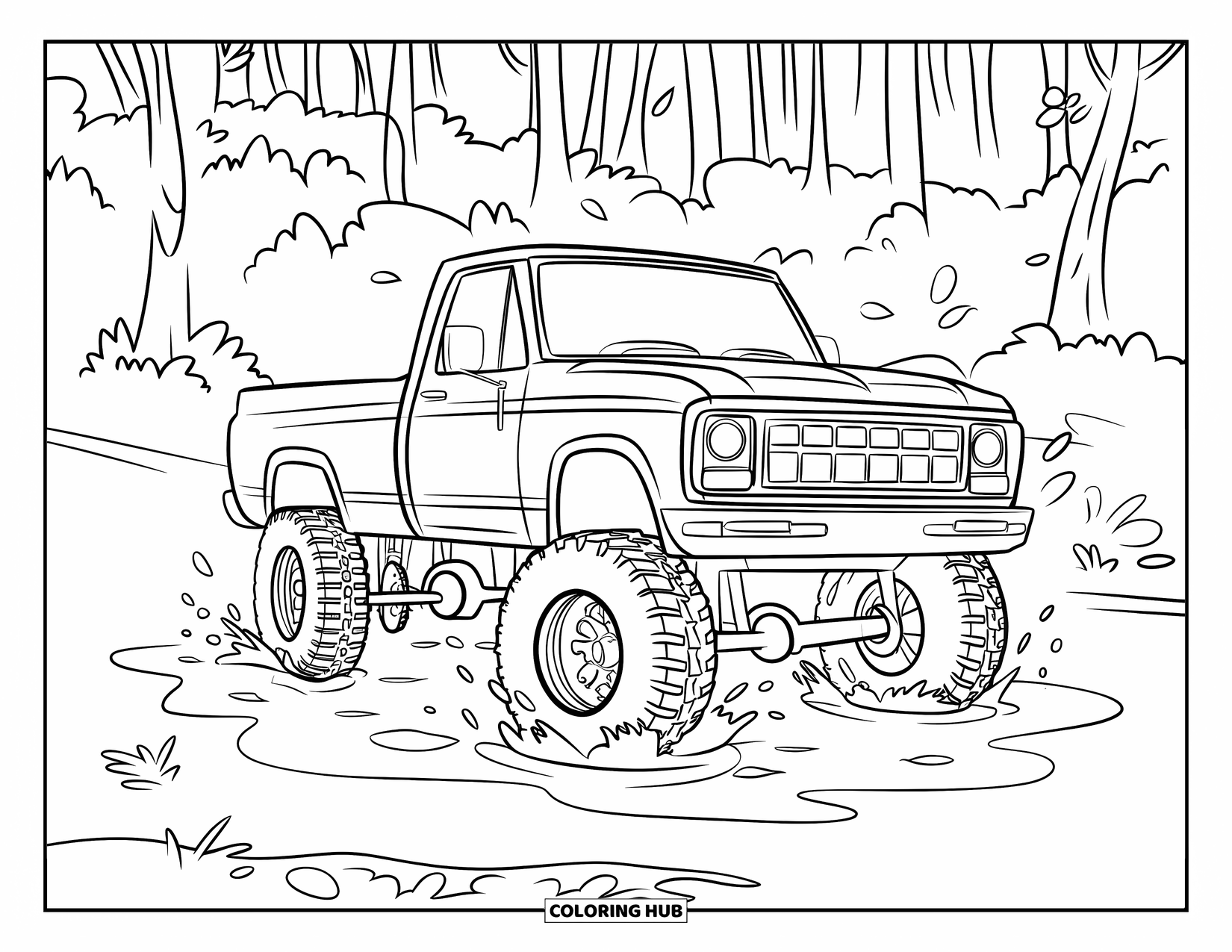 Lifted Truck Coloring Page for Kids: A lifted truck drives through a shallow puddle with water splashing around