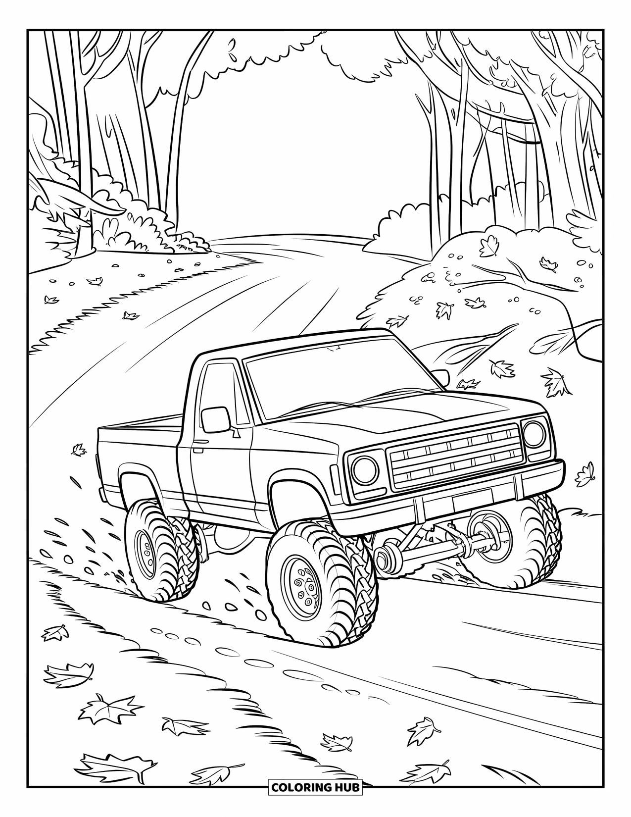 Lifted Truck Coloring Page for Kids: A lifted truck kicks up dust while speeding through a leafy forest trail