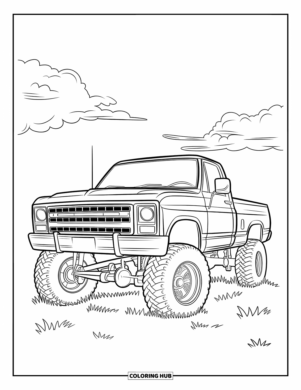 Lifted Truck Coloring Page for Kids: A lifted truck with a big bumper is parked on a grassy field with clouds above