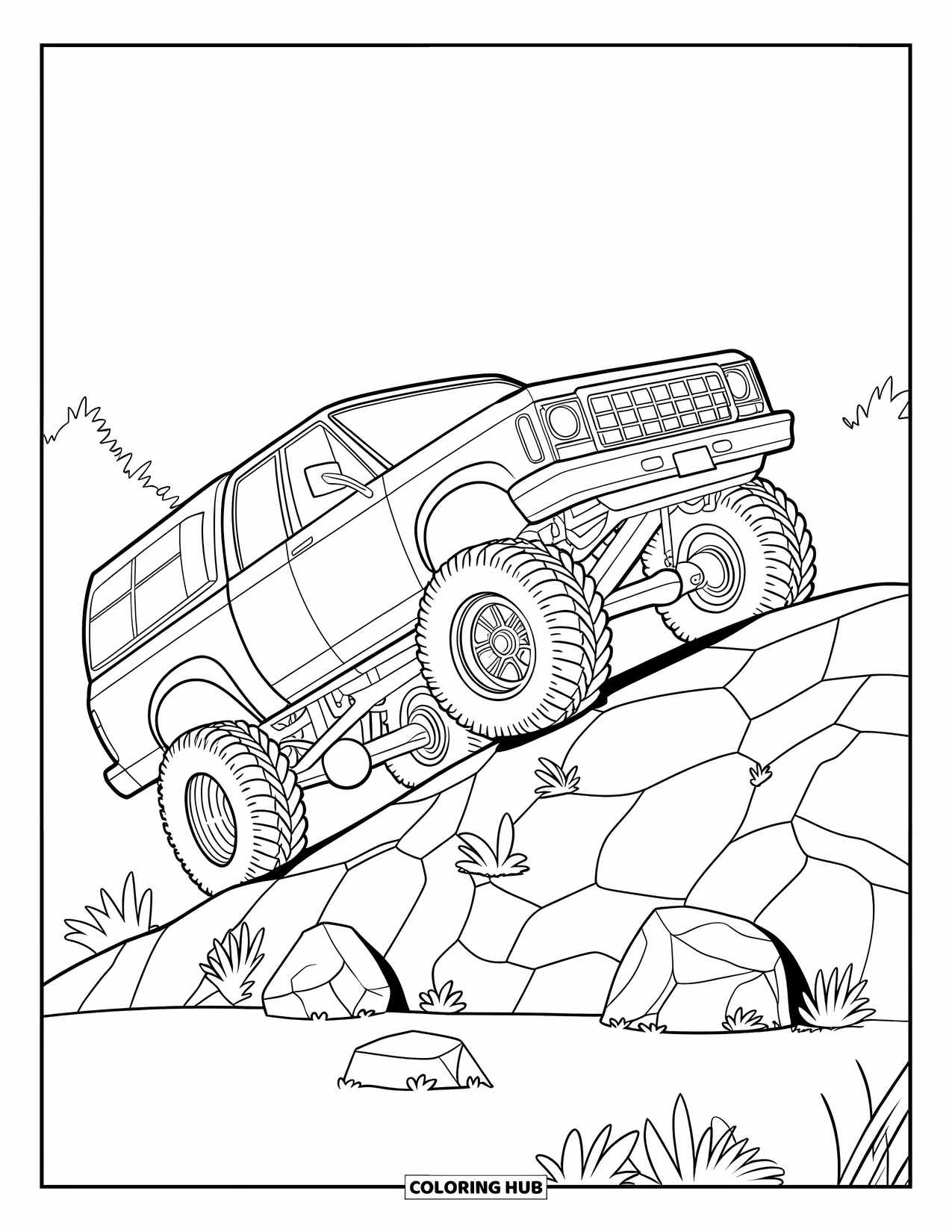 Lifted Truck Coloring Page for Kids: A lifted truck with a canopy climbs a rocky hill with plants and scattered rocks