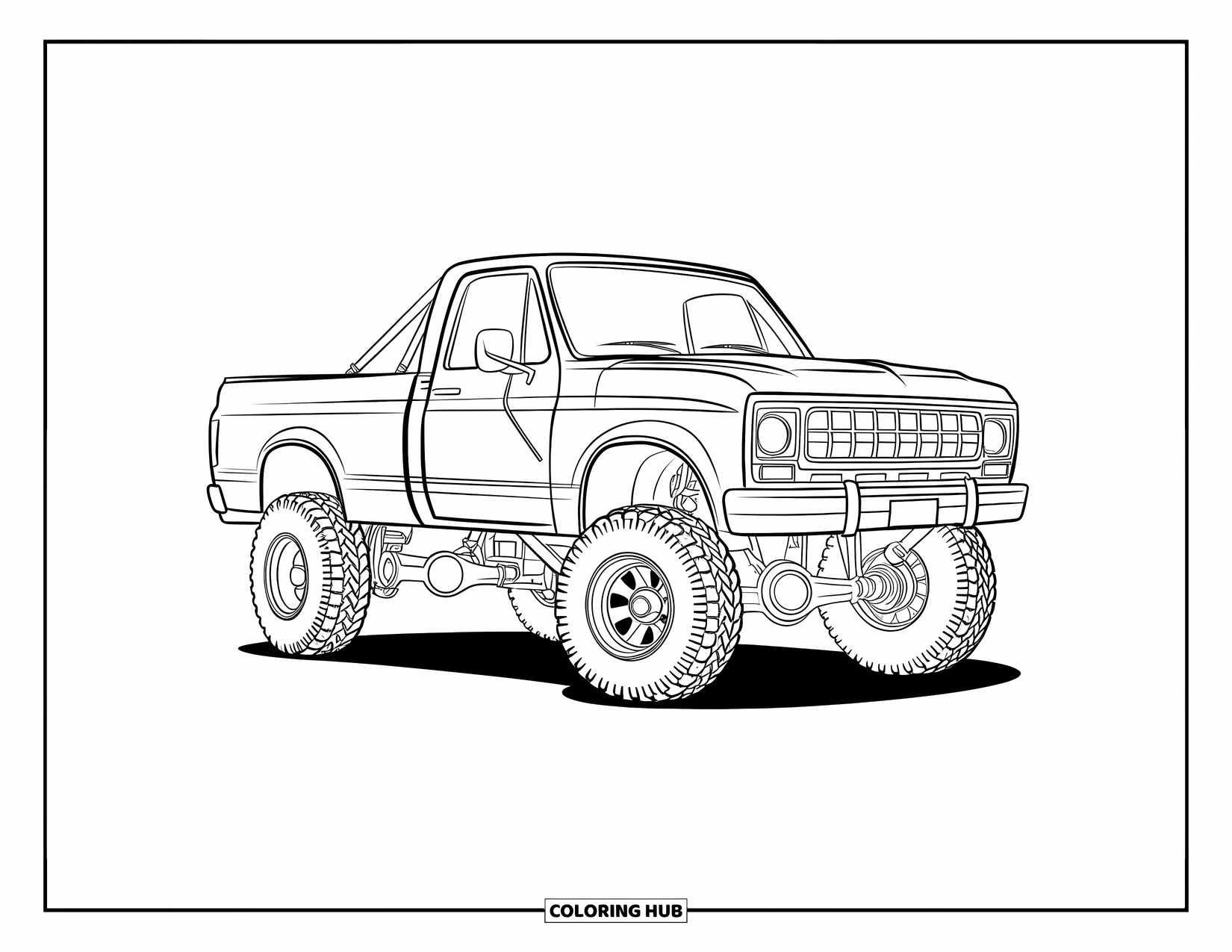 Lifted Truck Coloring Page for Kids: A lifted truck with a roll bar is parked on a flat surface