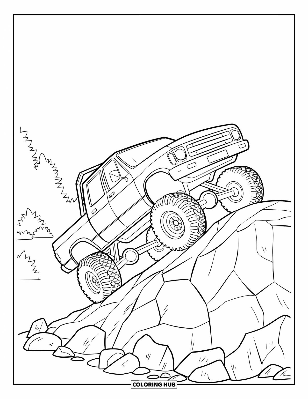 Lifted Truck Coloring Page for Kids: A lifted truck with a roll cage climbs a small rocky hill with sharp edges