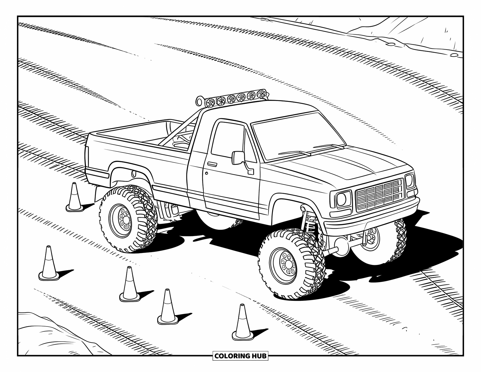 Lifted Truck Coloring Page for Kids: A lifted truck with a roll cage is parked near cones on a dirt track
