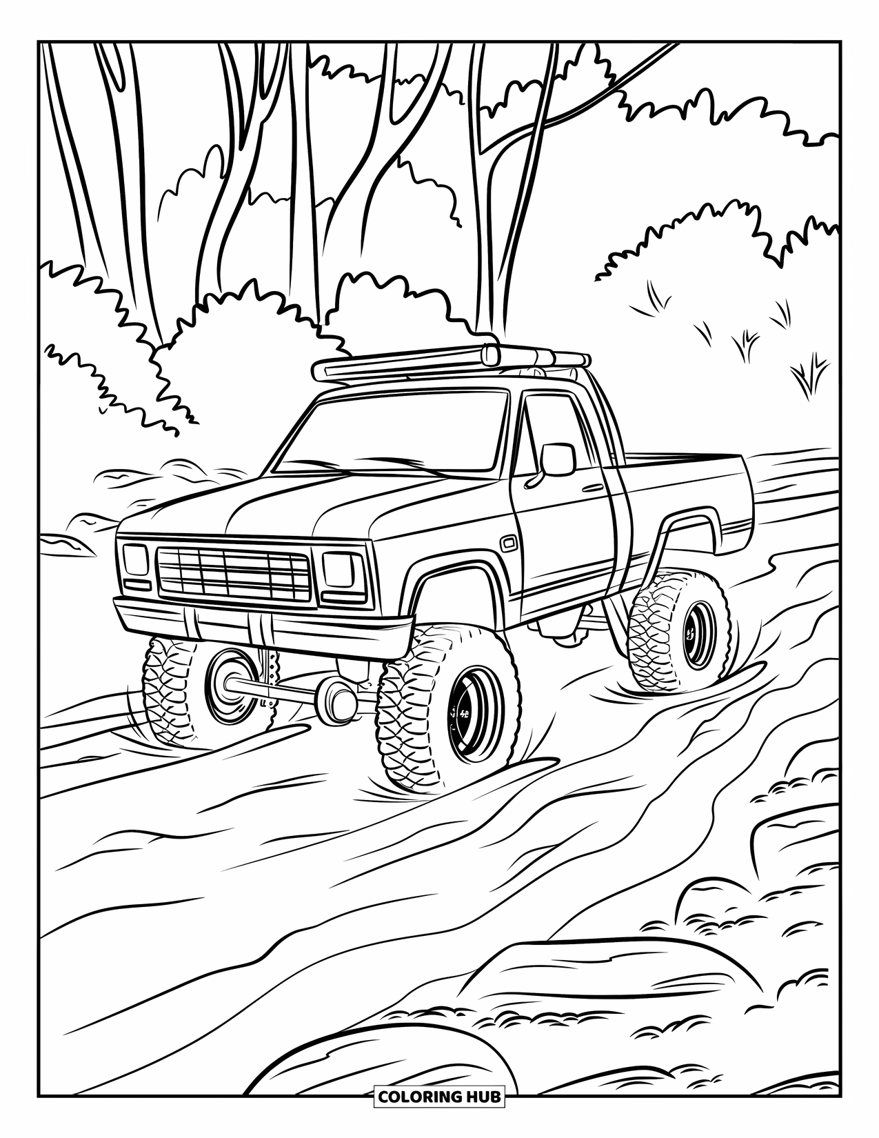 Lifted Truck Coloring Page for Kids: A lifted truck with a roof rack crosses a rocky stream surrounded by trees