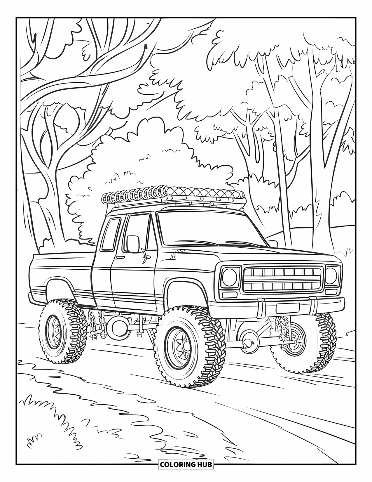 Lifted Truck Coloring Page for Kids: A lifted truck with a roof rack is parked on a dirt road in a forest