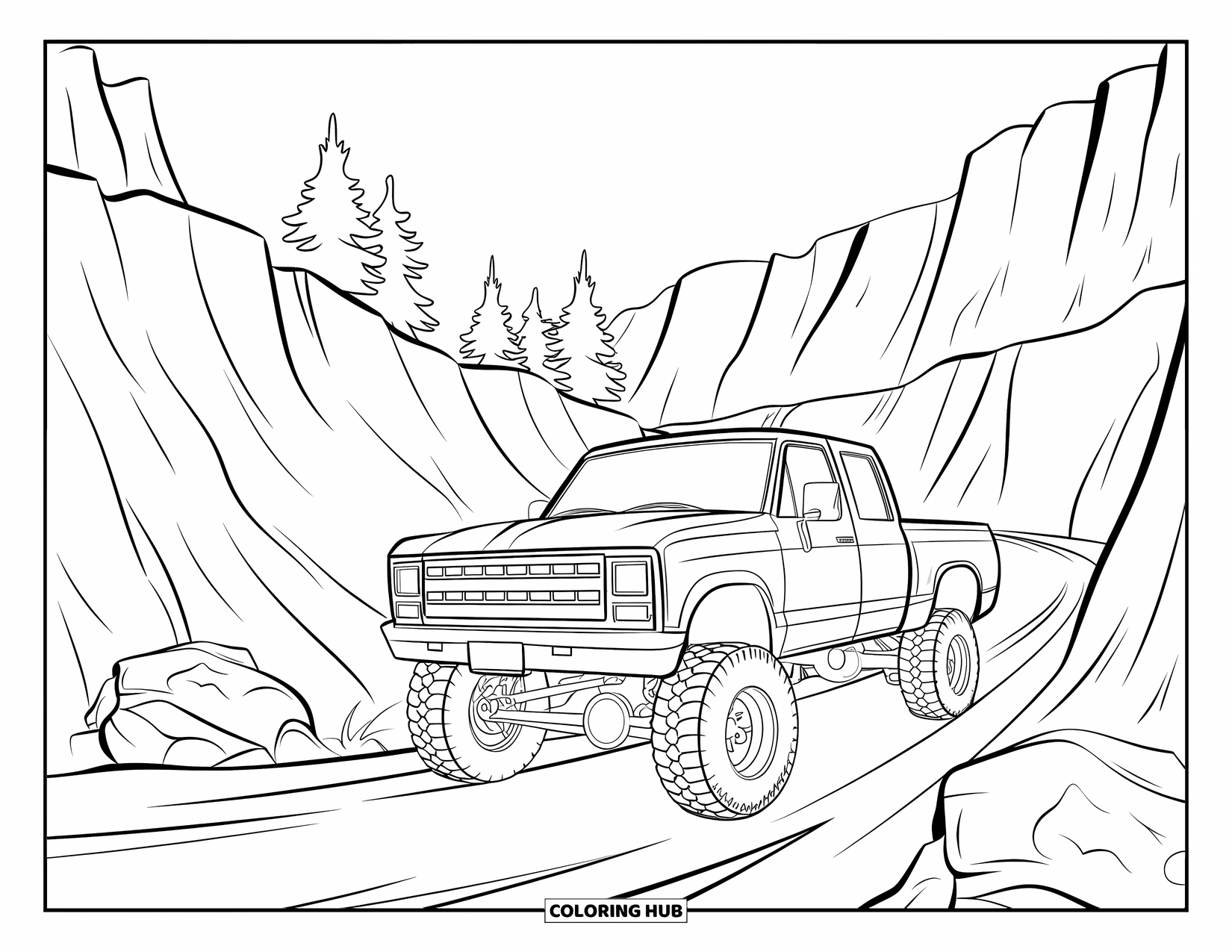 Lifted Truck Coloring Page for Kids: A lifted truck with big tires navigates a rocky canyon trail